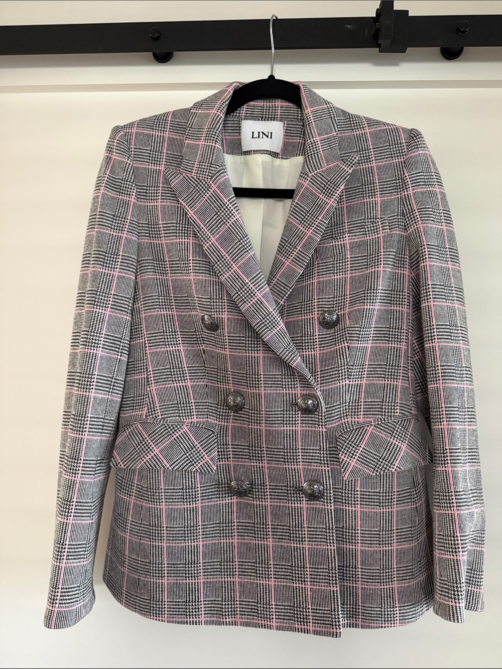 LINI Pink and Gray Plaid Double-Breasted Blazer